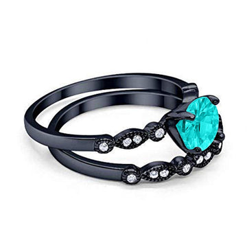 Art Deco Engagement Piece Ring Black Tone, Simulated Paraiba Tourmaline CZ 925 Sterling Silver